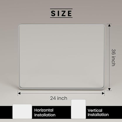 24x36 Inch Brushed Nickel Bathroom Mirror, Brushed Silver Metal Frame Mirror Wall Mounted, Rounded Rectangle Bathroom Vanity Mirror, Tempered Glass, Anti-Rust, Horizontal/Vertical