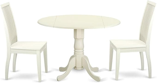 East West Furniture DLIP3-LWH-W 3 Piece Kitchen Table Set for Small Spaces Contains a Round Dining Table with Dropleaf and 2 Dining Room Chairs, 42x42 Inch, Linen White