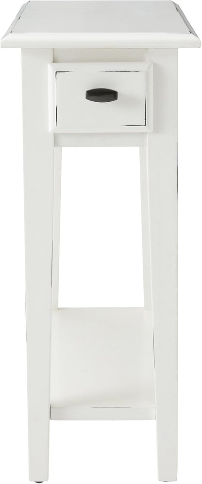 Haven Ridge Narrow End Table, Solid Wood Side Table with Drawer and Shelf, Farmhouse White, Perfect for Living Rooms, Bedrooms, and Small Spaces – Leick Home, 214361