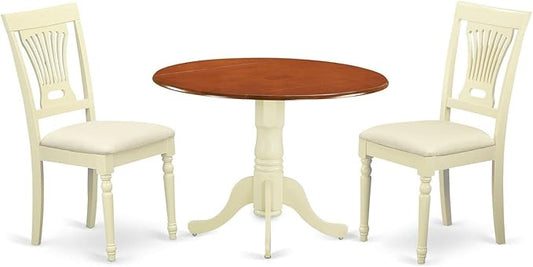 East West Furniture DLPL3-BMK-C 3 Piece Dining Room Furniture Set Contains a Round Kitchen Table with Dropleaf and 2 Linen Fabric Upholstered Dining Chairs, 42x42 Inch, Buttermilk & Cherry