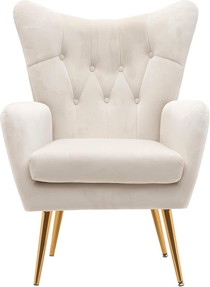 Container Furniture Direct Modern Chic Mid-Century Velvet Accent Armchair for Living Room, Bedroom, or Home Office, Button-Tufted Wingback Design with Gold Flared Legs, Ivory