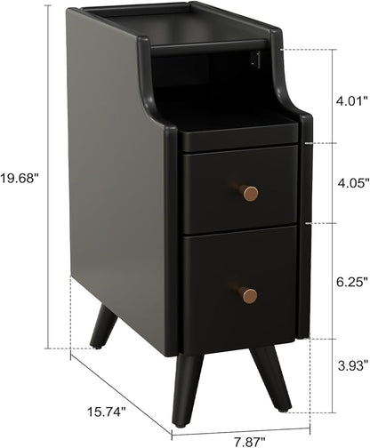 Small Nightstand with Drawers, Solid Wood Bedside Table, Narrow BlackNightstand for Bedroom