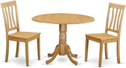 East West Furniture DLAN3-OAK-W 3 Piece Dinette Set for Small Spaces Contains a Round Dining Table with Dropleaf and 2 Dining Room Chairs, 42x42 Inch, Oak