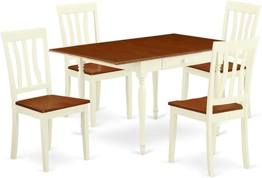 East West Furniture MZAN5-WHI-W 5 Piece Dinette Set for 4 Includes a Rectangle Dining Room Table with Dropleaf and 4 Kitchen Dining Chairs, 36x54 Inch, Buttermilk & Cherry