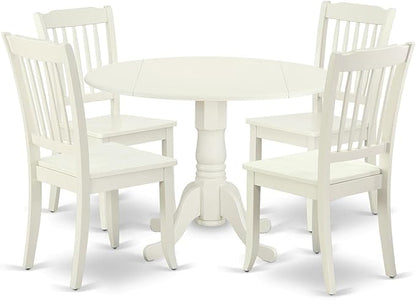East West Furniture DLDA5-LWH-W 5 Piece Dining Room Furniture Set Includes a Round Kitchen Table with Dropleaf and 4 Dining Chairs, 42x42 Inch, Linen White