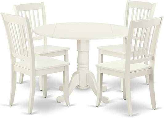 East West Furniture DLDA5-LWH-W 5 Piece Dining Room Furniture Set Includes a Round Kitchen Table with Dropleaf and 4 Dining Chairs, 42x42 Inch, Linen White