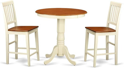 East West Furniture EDVN3-WHI-W 3 Piece Counter Height Dining Table Set Contains a Round Wooden Table with Pedestal and 2 Kitchen Dining Chairs, 30x30 Inch, Buttermilk & Cherry