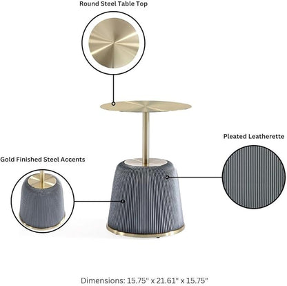 Manhattan Comfort Anderson Modern 15.75" Round End Tables 1.0 - Elegant Leatherette Upholstered Base with Pleated Design & Gold Steel Tabletop, Fully Assembled Accent Furniture, Set of 1, Grey