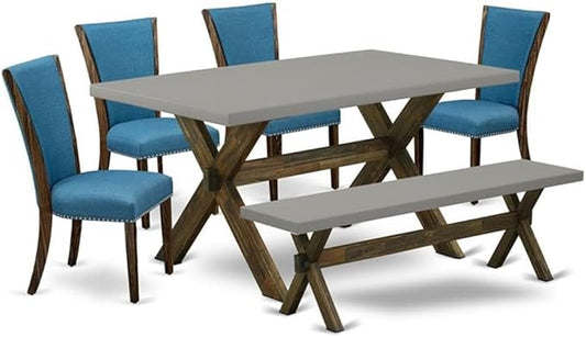 East West Furniture X797VE721-6 6 Piece Dining Table Set Contains a Rectangle Dining Room Table with X-Legs and 4 Blue Color Linen Fabric Parson Chairs with a Bench, 40x72 Inch, Multi-Color