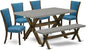 East West Furniture X797VE721-6 6 Piece Dining Table Set Contains a Rectangle Dining Room Table with X-Legs and 4 Blue Color Linen Fabric Parson Chairs with a Bench, 40x72 Inch, Multi-Color