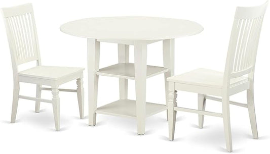 East West Furniture SUWE3-LWH-W 3 Piece Modern Dining Table Set Contains a Round Wooden Table with Dropleaf & Shelves and 2 Dining Room Chairs, 42x42 Inch, Linen White