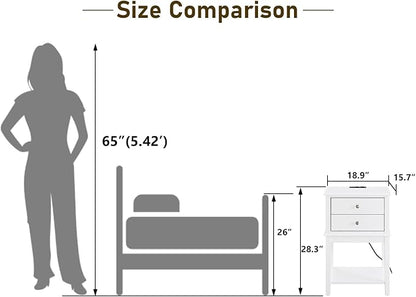 conifferism White Nightstand with Charging Station 28 inches Tall for Bedroom, Sofa Side Table with 2 Drawers,Large End Table with USB Ports,Modern Bedside Table for Home Living Room
