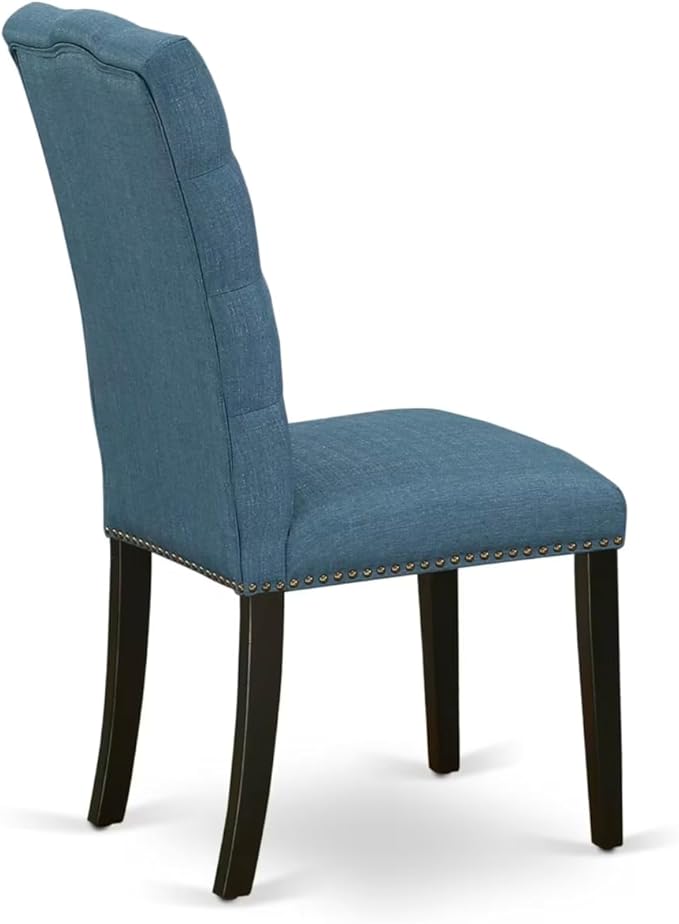 East West Furniture V627EL121-7 7 Piece Modern Dining Table Set Consist of a Rectangle Wooden Table with V-Legs and 6 Blue Linen Fabric Upholstered Chairs, 40x72 Inch, Multi-Color