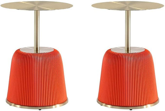 Manhattan Comfort Anderson Modern 15.75" Round End Tables 1.0 - Elegant Leatherette Upholstered Base with Pleated Design & Gold Steel Tabletop, Fully Assembled Accent Furniture, Set of 2, Orange