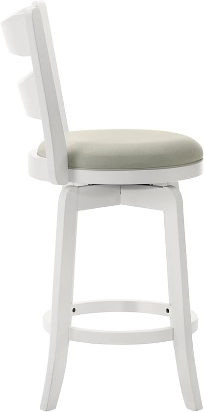 Armen Living Blair 30 in. Matte White Bar Height Rubberwood Swivel Barstool with Fog Fabric Seat - Set of 2