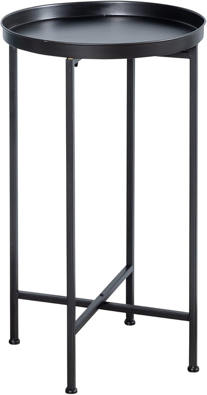 HollyHOME Small Round Metal Waterproof End Table, Accent Indoor&Outdoor Coffee Side Table, Snack Sofa Table for Living Room, Anti-Rust Decorative Plant Stand, (D) 14.5" x (H) 25", Black