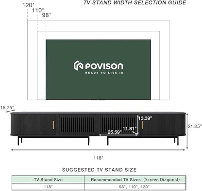 POVISON Sliding Tambour Door TV Stand, Mid Century Modern TV Console, Wood Media Console, Entertainment Center with Storage Cabinet, Fully-Assembled (Black, 118.11")