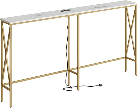 Masupu 63" Console Table with Power Outlet, Modern Narrow Long Sofa Table Behind Couch, Skinny Entry Table, Industrial Sofa Table with Metal Frame for Hallway, Living Room, Marble White