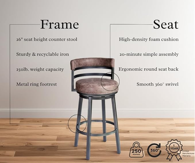 Armen Living Madrid 26" Seat Height Swivel Bandero Tobacco Faux Leather and Mineral Finish Bar Stool for Kitchen Island Counter