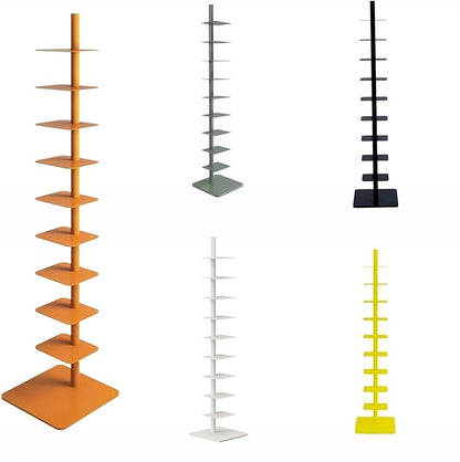 9-Tier Spine Bookshelf Metal Bookcase 5 Colors Vertical Bookshelf Tower Rotating Tall Narrow Bookshelf Ladder Book Rack Indoor (Orange)