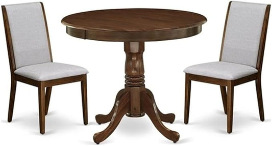 East West Furniture ANLA3-AWA-05 3 Piece Dining Set Includes a Round Kitchen Table with Pedestal and 2 Parson Chairs, 36x36 Inch, Antique Walnut