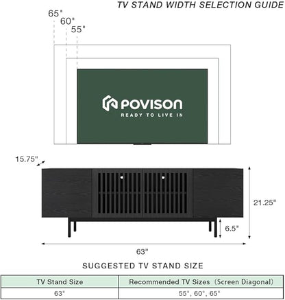 POVISON Full Assembled Mid-Century Modern TV Stand with Slatted Doors, Wood Media Console for 65 Inch TV, TV Console with Tall-cast Metal Legs, Entertainment Center with Storage for Living Room