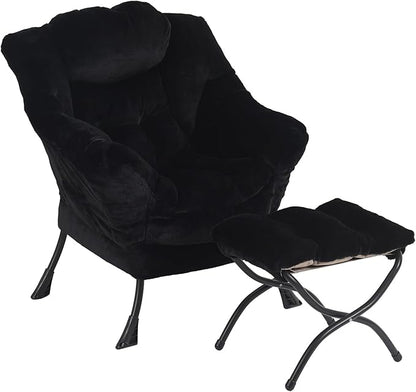 Lazy Chair with Ottoman, Modern Chair with Folding Footrest, Lounge Accent Chair, Comfortable Reading Chair for Bedroom, Study, Living Room, Small Space (Plush Black)
