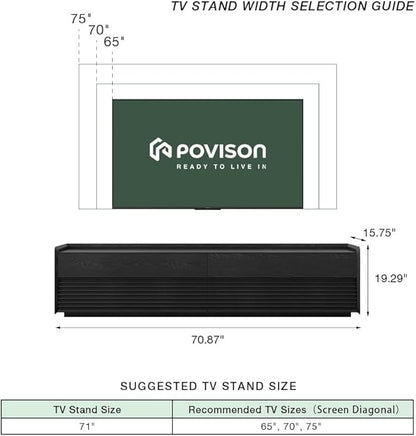 POVISON Fully-Assembled Mid Century Modern TV Stand, 70.87" Entertainment Center with LED Light, Black Walnut Solid Wood TV Console for Living Room, TV Stand with Storage