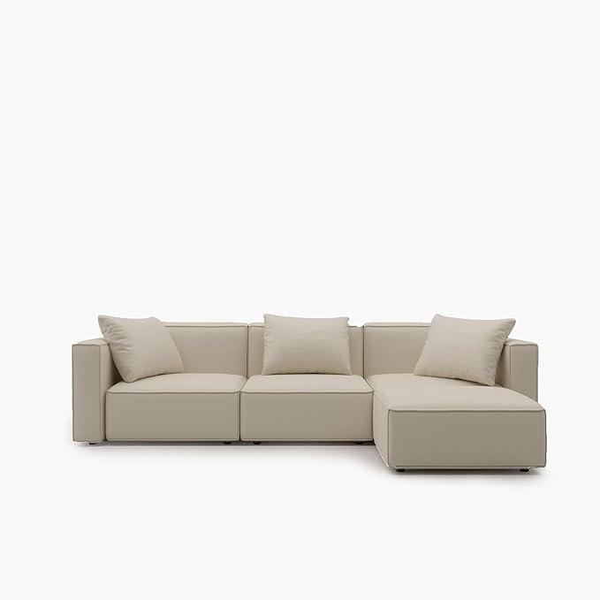 Acanva Luxury Modular Sectional Living Room Sofa Set, Modern Minimalist Style Couch with Ottoman and Chaise, L-Shape, Cream