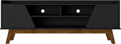 Manhattan Comfort Marcus Mid Century Modern 65 Inch TV Stand with Solid Wood Legs, Cable Management, 5 Shelves and Soft Close Doors, Entertainment Center and Media Console for Living Room, Black