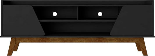 Manhattan Comfort Marcus Mid Century Modern 65 Inch TV Stand with Solid Wood Legs, Cable Management, 5 Shelves and Soft Close Doors, Entertainment Center and Media Console for Living Room, Black