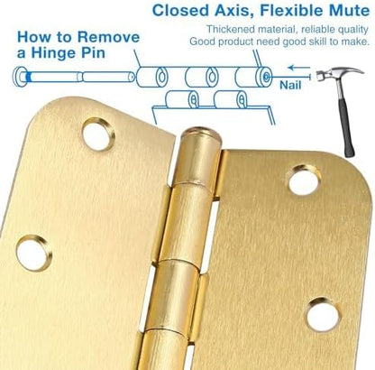 6 Pack Rounded Door Hinges 3.5 inch X 3-1/2" 5/8 Radius, Brushed Brass 3 ½ Inch Satin Gold Interior Standard Hinge for Bedroom Wood/French Style Clear Glass Doors Easy Install Hardware Accessories