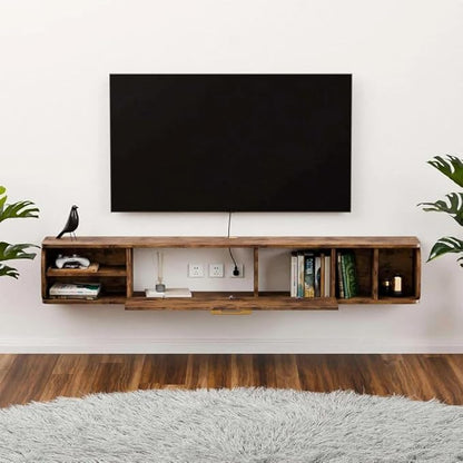 Floating TV Unit, 67'' Wall Mounted TV Cabinet, Floating Shelves with 4 Cabinets, Wooden Entertainment Media Console Center Large Storage TV Bench for Living Room & Office (Rustic Brown)