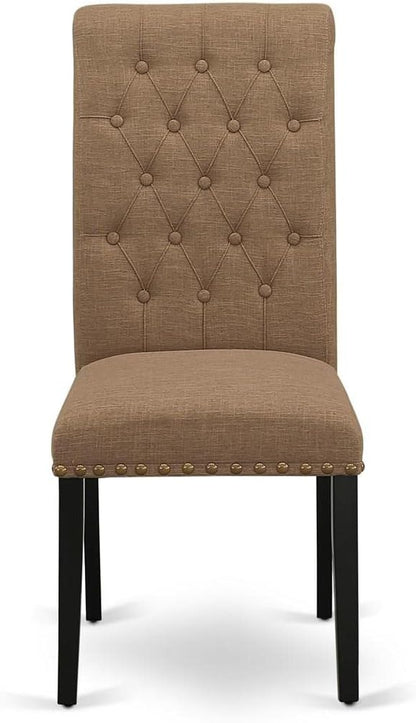 East West Furniture BRP1T17 Bremond Parson Dining Room Chairs - Button Tufted Nailhead Trim Light Sable Linen Fabric Padded Chairs, Set of 2, Black