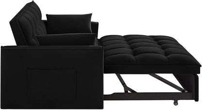 KEIKI Velvet Loveseat Convertible Sofa Bed Sleeper Chair with Adjustable Backrest, Pillows & Storage Pockets, 3 in 1 Pull-Out Couch Chaise Lounge Recliner for Living Room Balcony Bedroom, Black