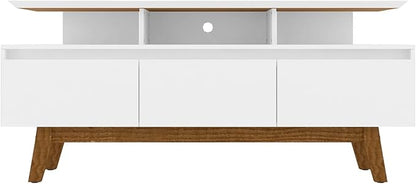 Manhattan Comfort Yonkers 63 Inch Mid Century Modern TV Stand with Storage, 3 Flip Down Door, Hole for Wire Management, Fits Up to 60" Television, Durable & Versatile Console Table, White