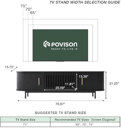 POVISON Fully-Assembled Mid Century Modern Black TV Stand with White Glossy Sintered Stone Tabletop & LED Lights, Rolling Door Media Console, Wood TV Console for Living Room