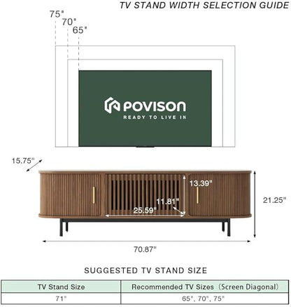 POVISON Fully-Assembled Mid Century Modern Black TV Stand with White Matte Travertine Stone Tabletop & LED Lights, Rolling Door Media Console, Wood TV Console for Living Room