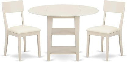East West Furniture SUAD3-LWH-LC 3 Piece Dining Set Contains a Round Dining Room Table with Dropleaf & Shelves and 2 Faux Leather Upholstered Chairs, 42x42 Inch, Linen White