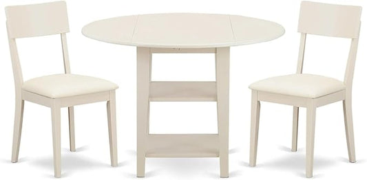 East West Furniture SUAD3-LWH-LC 3 Piece Dining Set Contains a Round Dining Room Table with Dropleaf & Shelves and 2 Faux Leather Upholstered Chairs, 42x42 Inch, Linen White