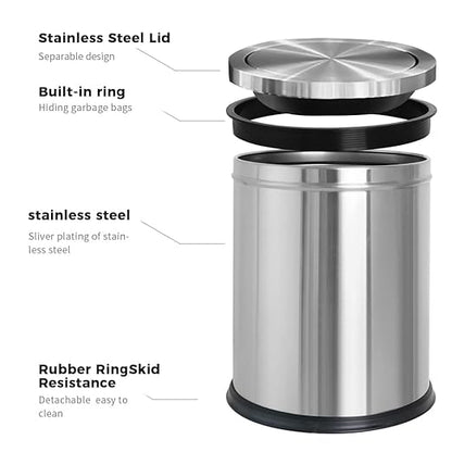 15L/4GAL Silver Stainless Steel Bathroom Garbage can, Bathroom Trash Can with Flipping Lid，Brushed Nickel Gaebage Can for Bedroom,Living Room,Office,Hotel,Shop,Restaurant (15L-Silver)