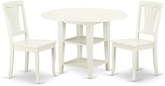 East West Furniture SUAV3-LWH-W 3 Piece Dining Room Table Set Contains a Round Kitchen Table with Dropleaf & Shelves and 2 Dining Chairs, 42x42 Inch, Linen White
