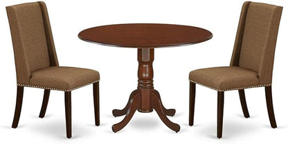 East West Furniture DLFL3-MAH-18 3 Piece Dining Set Contains a Round Dining Room Table with Dropleaf and 2 Brown Linen Linen Fabric Upholstered Parson Chairs, 42x42 Inch, Mahogany