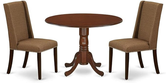 East West Furniture DLFL3-MAH-18 3 Piece Dining Set Contains a Round Dining Room Table with Dropleaf and 2 Brown Linen Linen Fabric Upholstered Parson Chairs, 42x42 Inch, Mahogany