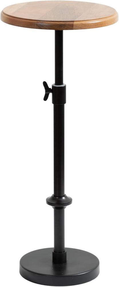 Kate and Laurel Engles Modern Adjustable-Height Pedestal Drink Table; 10 x 10 x 30; Natural Wood and Black; Transitional Round Indoor Metal Plant Stand with Solid Wood Tabletop