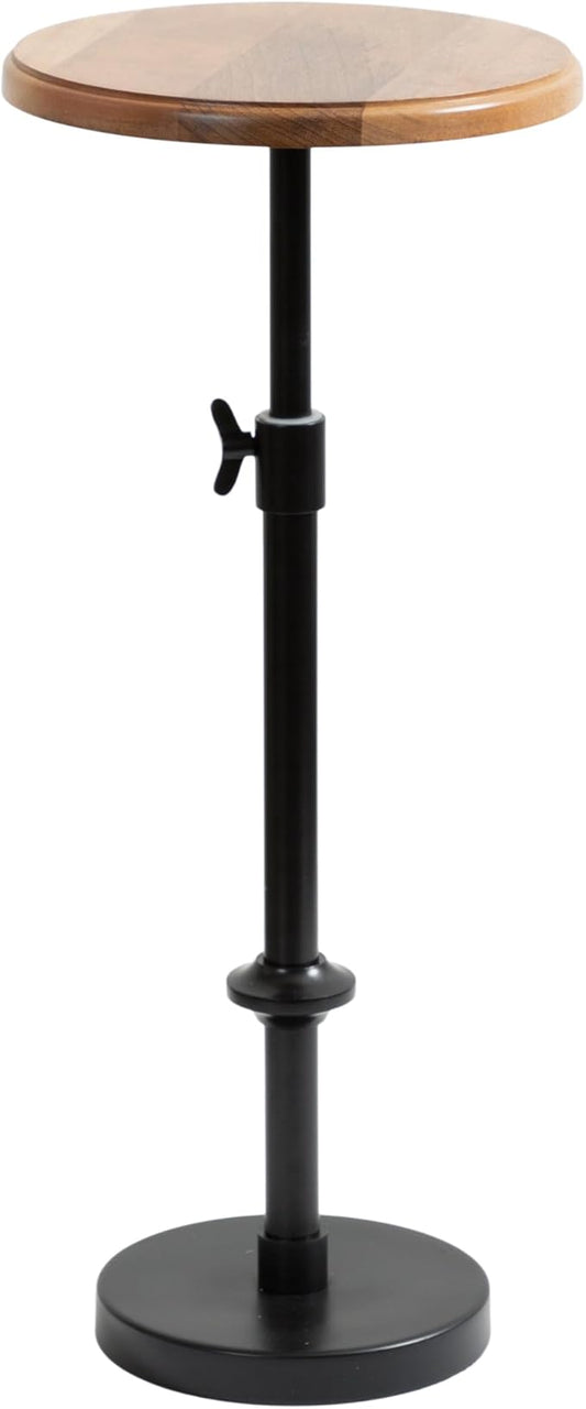 Kate and Laurel Engles Modern Adjustable-Height Pedestal Drink Table; 10 x 10 x 30; Natural Wood and Black; Transitional Round Indoor Metal Plant Stand with Solid Wood Tabletop