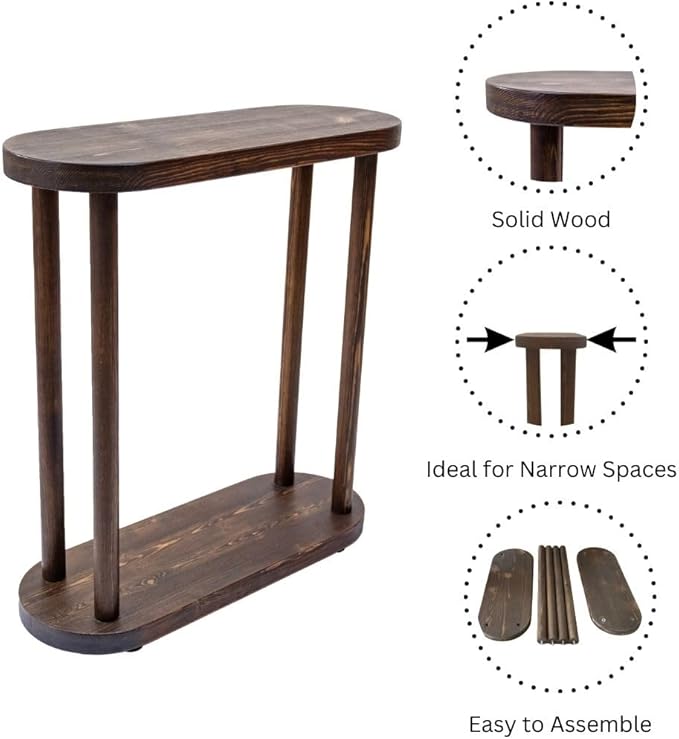 Oval Solid Wood Narrow Side Table, Slim Small Pedestal Coffee Table for Living Room, Modern Minimalist Design for Small Spaces, Recliner Drink Table (Dark Walnut, XLarge)