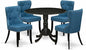 East West Furniture DLSI5-ABK-21 5 Piece Kitchen Table & Chairs Set Includes a Round Dining Room Table with Dropleaf and 4 Blue Linen Fabric Upholstered Chairs, 42x42 Inch, Wirebrushed Black