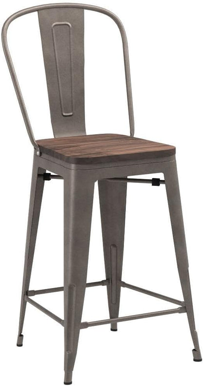 Yongqiang 24 inch Bar Stools Set of 4 Kitchen Counter Height Bar Chairs High Back Metal Barstools with Large Wooden Seat Industrial Rusty