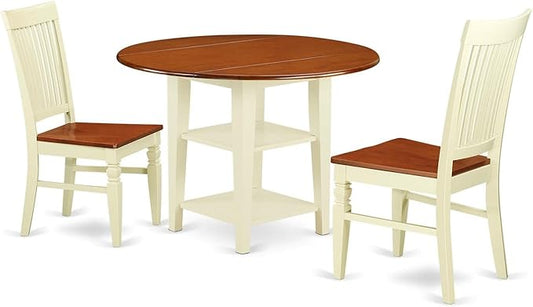 East West Furniture SUWE3-BMK-W 3 Piece Kitchen Table & Chairs Set Contains a Round Dining Table with Dropleaf & Shelves and 2 Dining Room Chairs, 42x42 Inch, Buttermilk & Cherry
